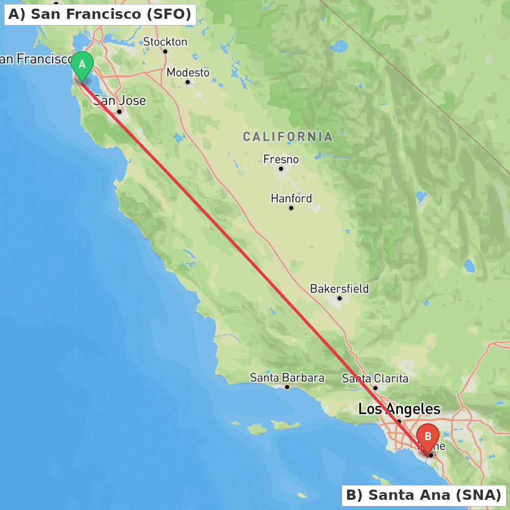 Flight route map from San Francisco to Santa Ana