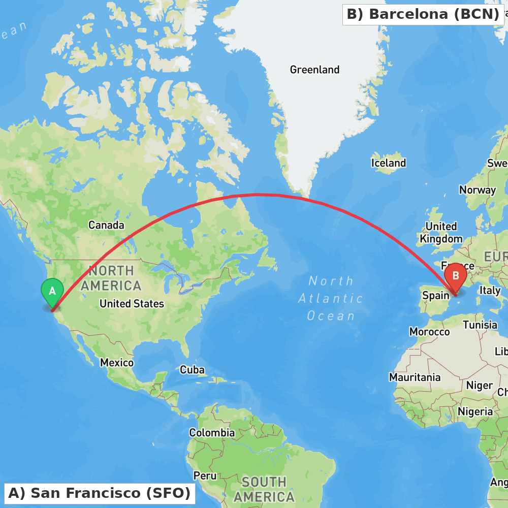 Flight route map from San Francisco to Barcelona