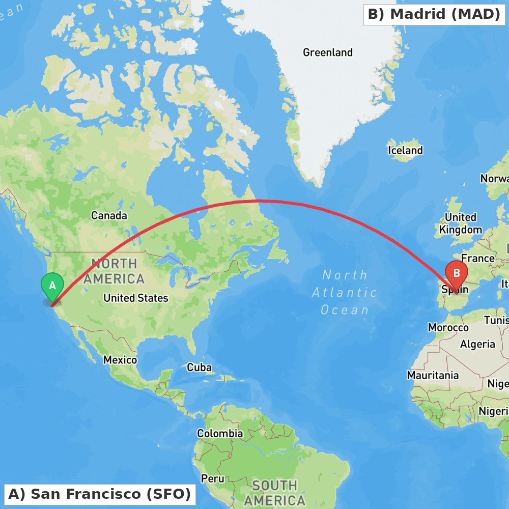 Flight route map from San Francisco to Madrid