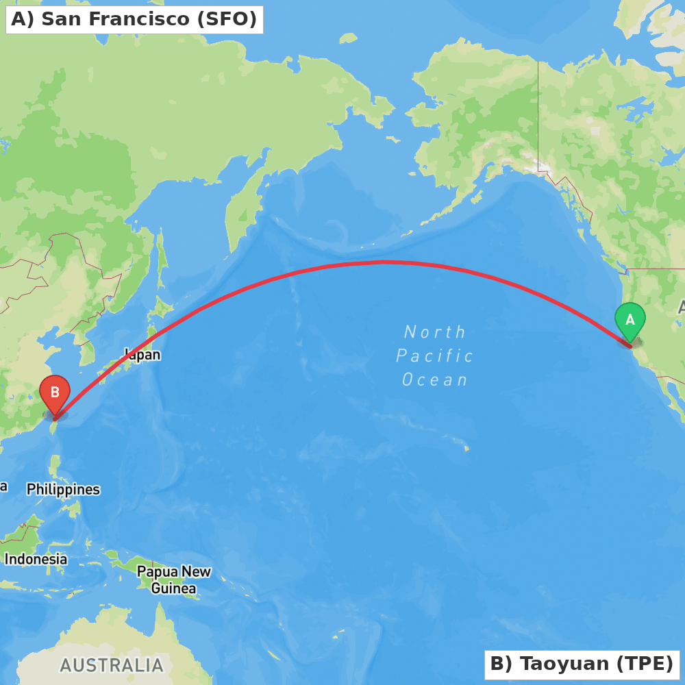 Flight route map from San Francisco to Taoyuan
