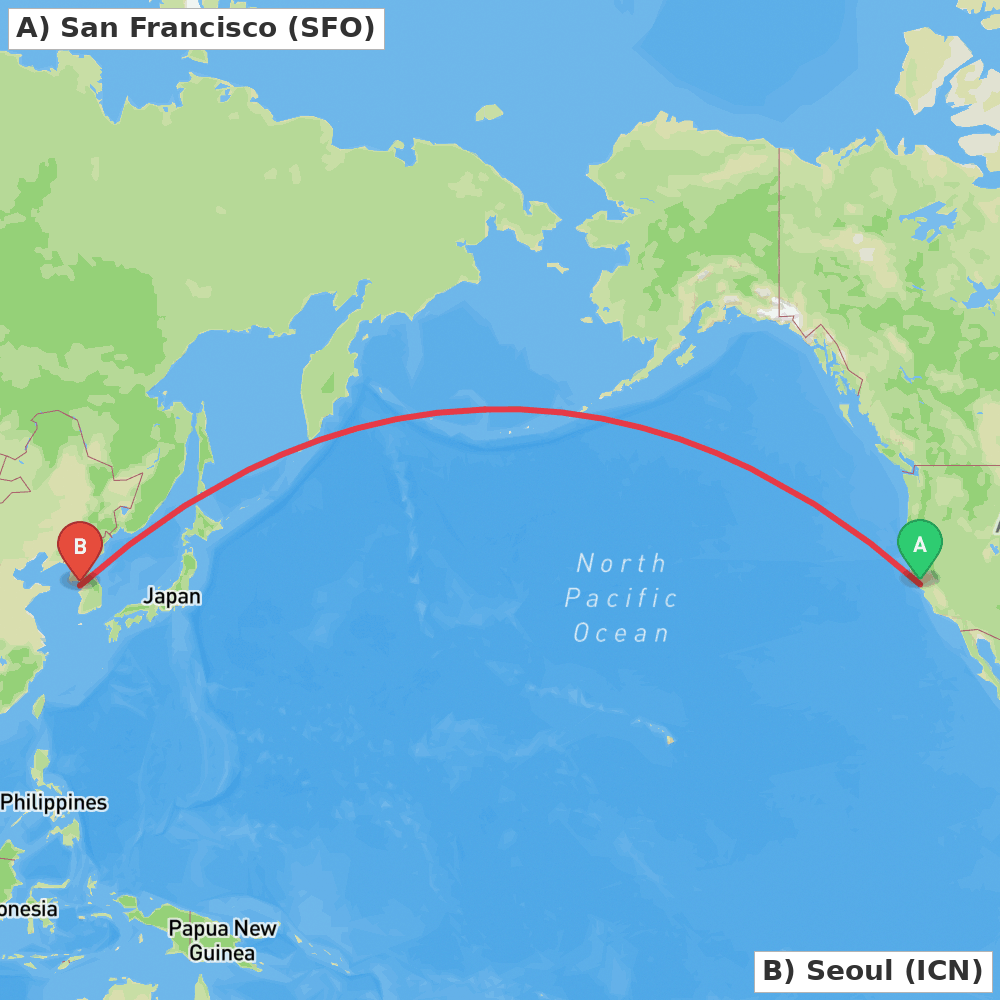 Flight route map from San Francisco to Seoul