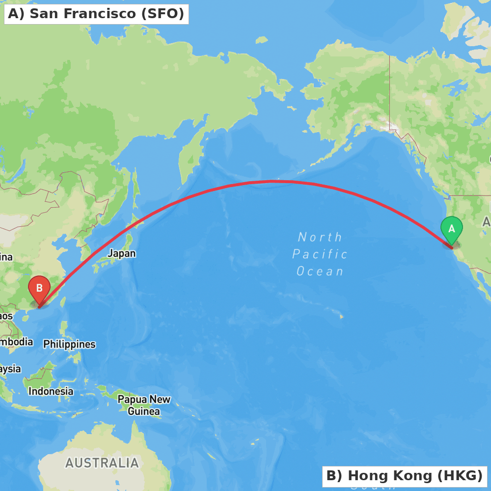 Flight route map from San Francisco to Hong Kong