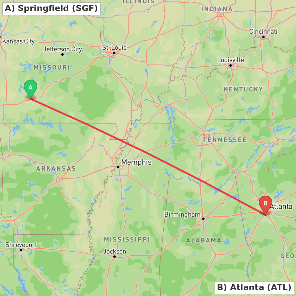 Flight route map from Springfield to Atlanta