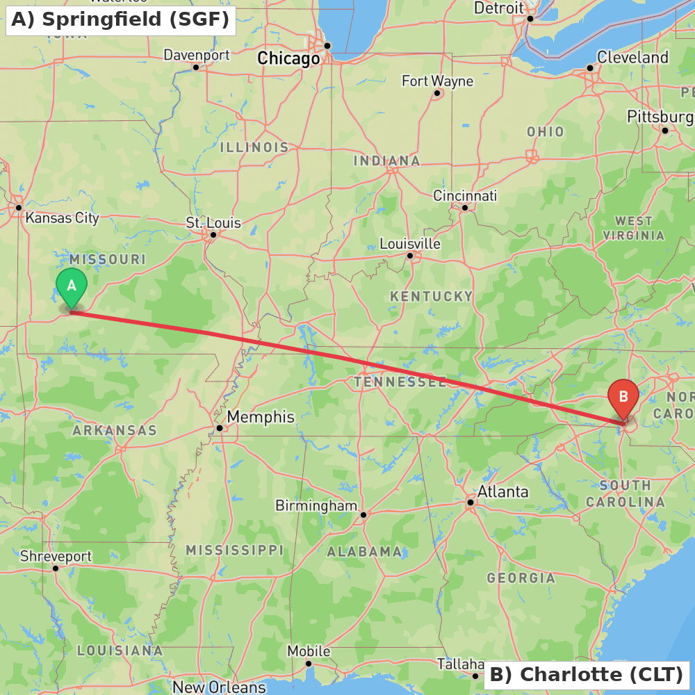 Flight route map from Springfield to Charlotte