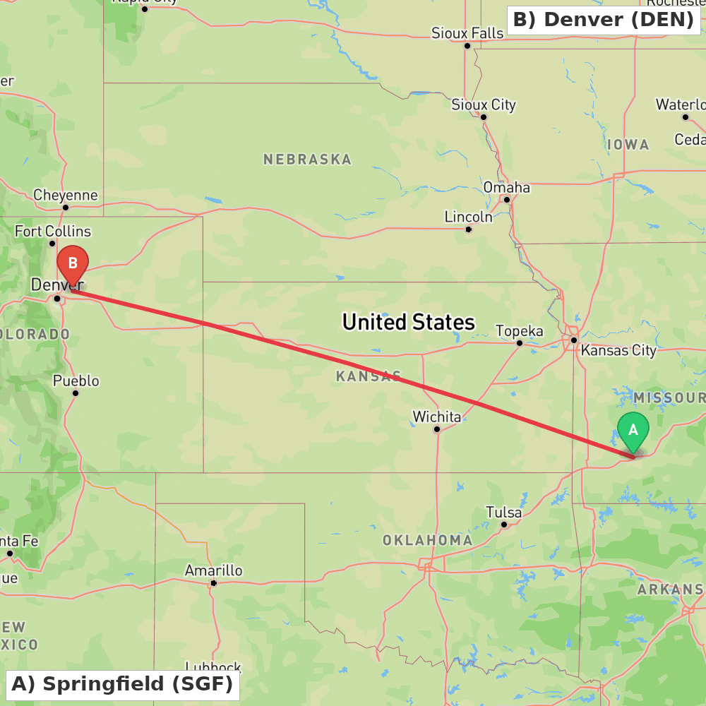 Flight route map from Springfield to Denver