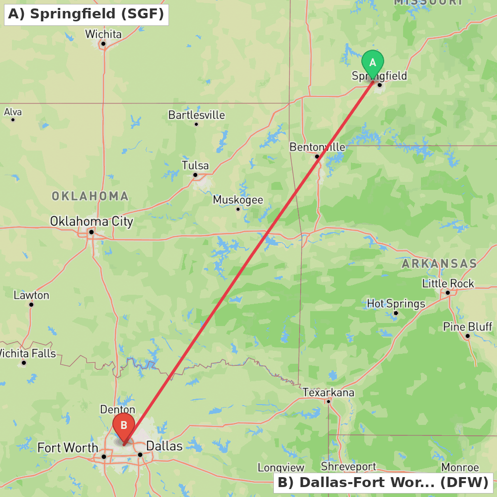 Flight route map from Springfield to Dallas-Fort Worth