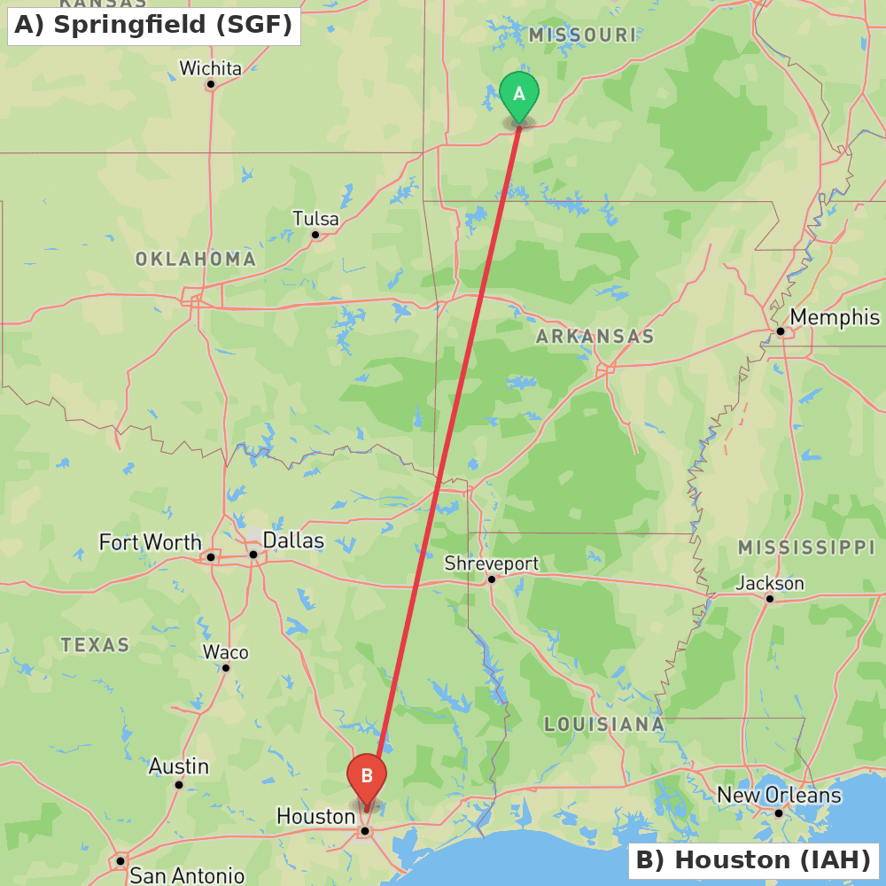 Flight route map from Springfield to Houston
