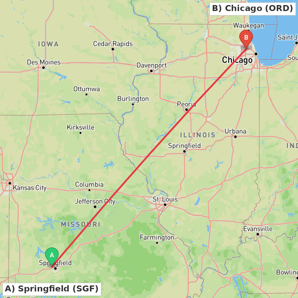 Flight route map from Springfield to Chicago