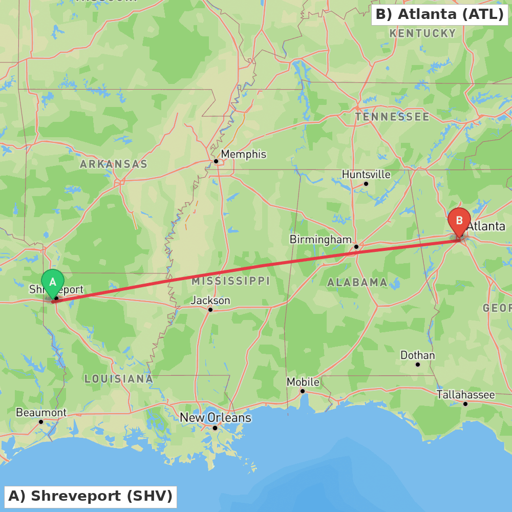 Flight route map from Shreveport to Atlanta