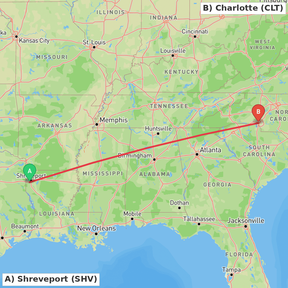 Flight route map from Shreveport to Charlotte