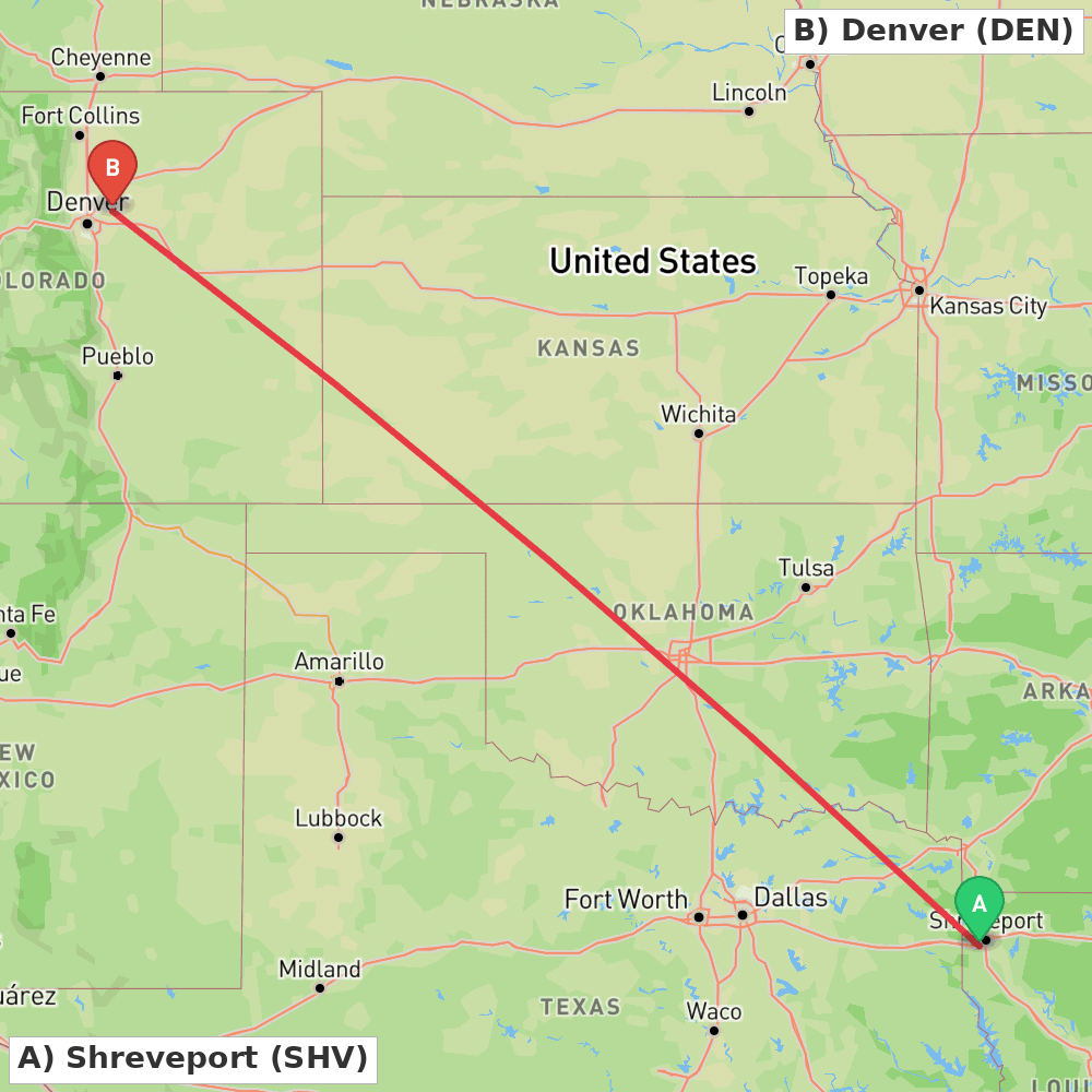 Flight route map from Shreveport to Denver