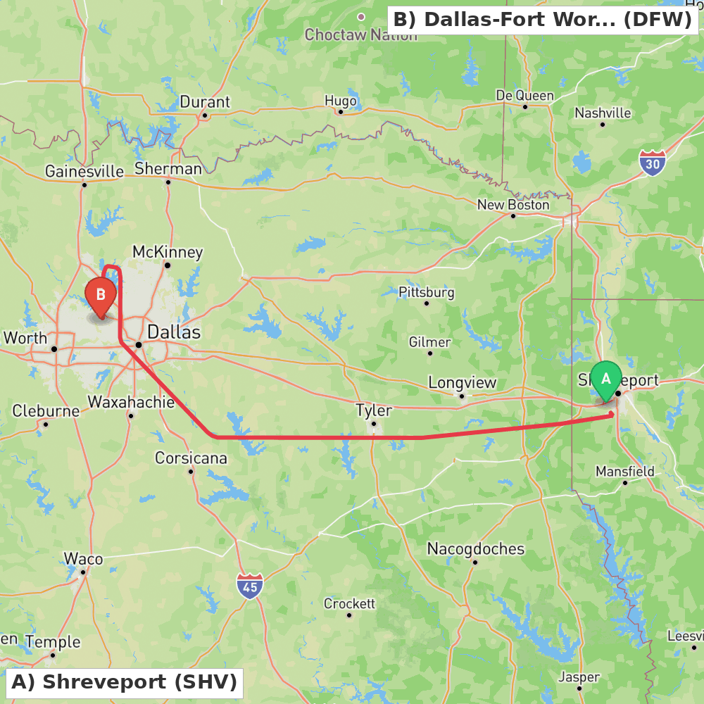 Flight route map from Shreveport to Dallas-Fort Worth