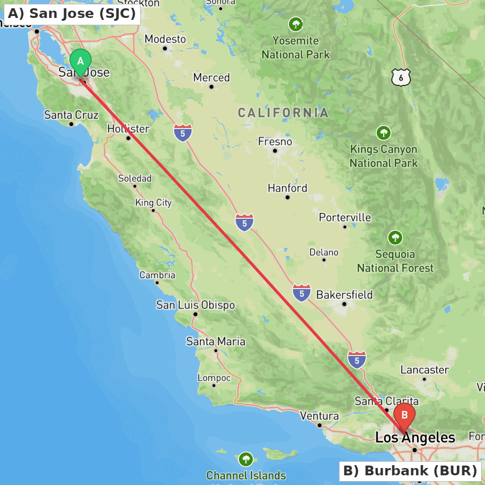 Flight route map from San Jose to Burbank