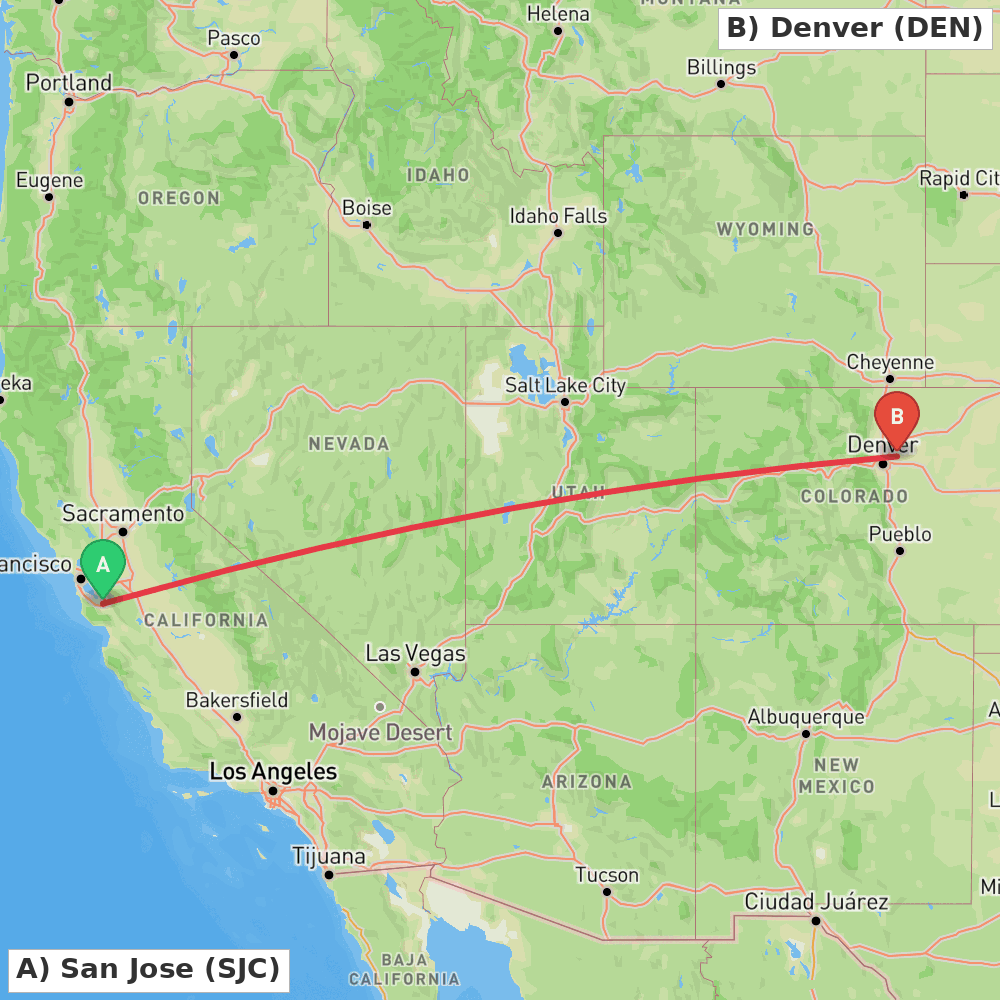 Flight route map from San Jose to Denver