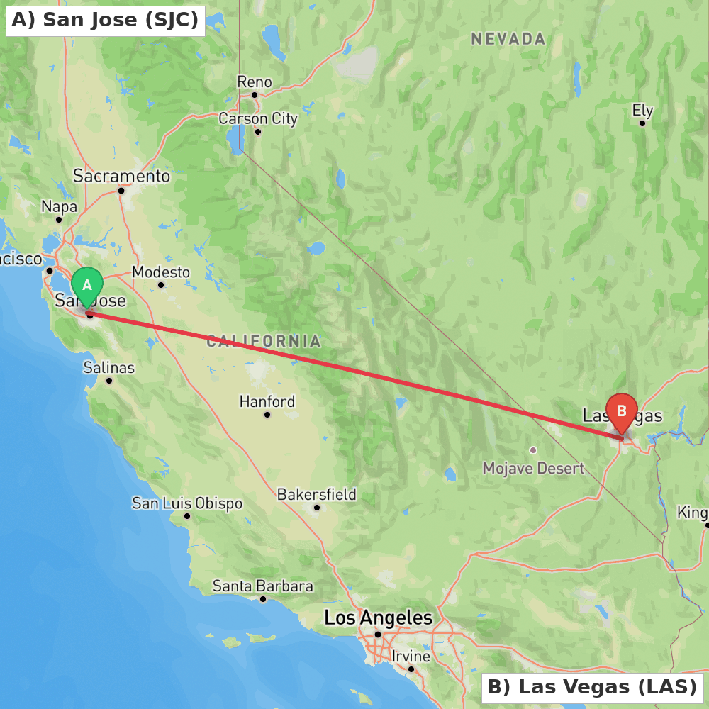 Flight route map from San Jose to Las Vegas