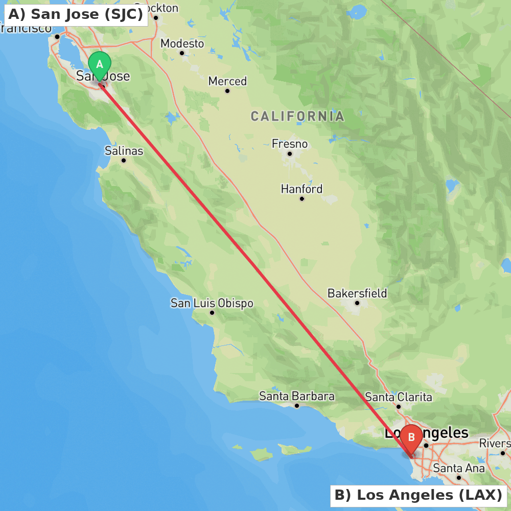 Flight route map from San Jose to Los Angeles
