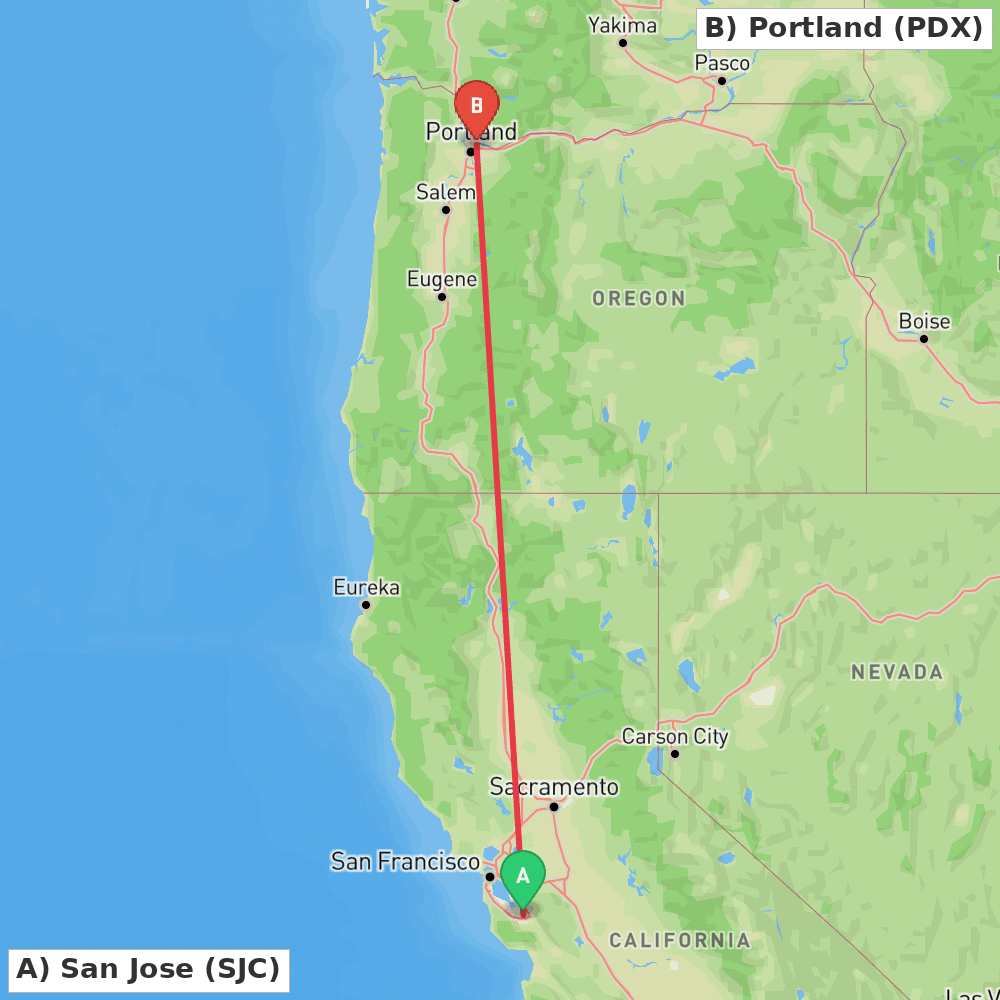 Flight route map from San Jose to Portland