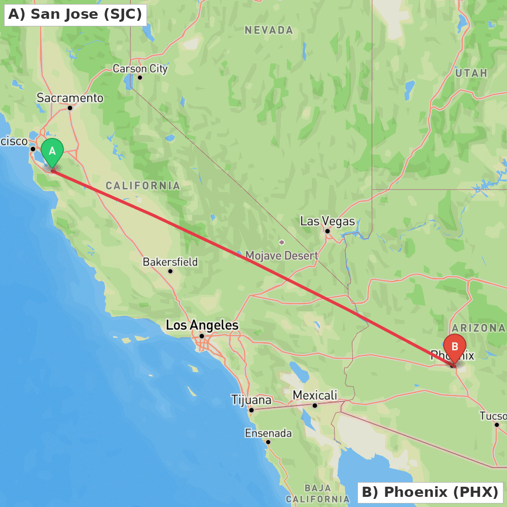 Flight route map from San Jose to Phoenix