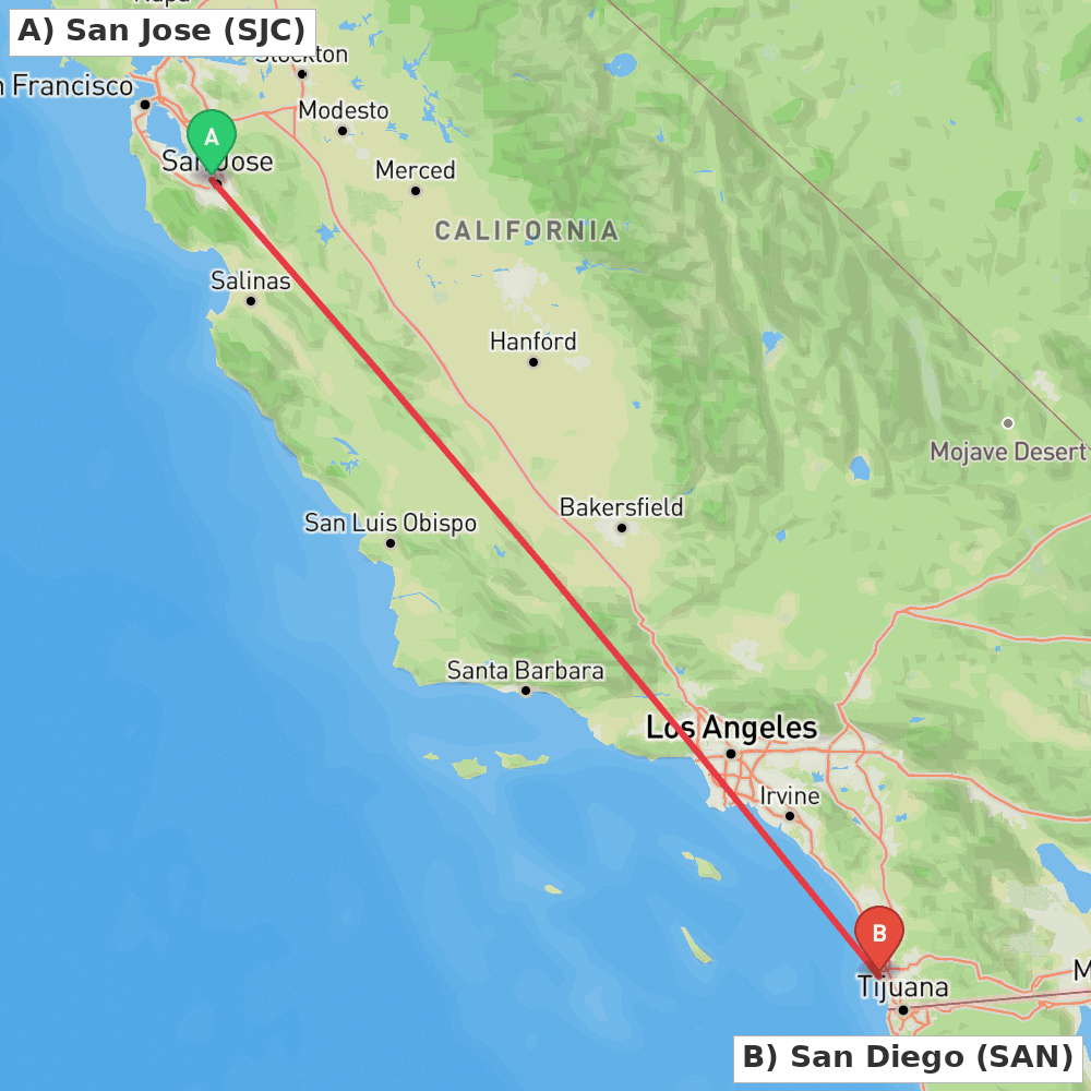 Flight route map from San Jose to San Diego