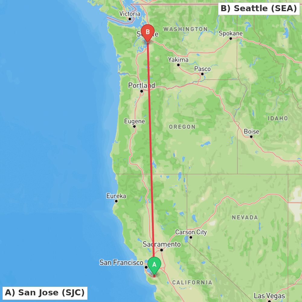 Flight route map from San Jose to Seattle