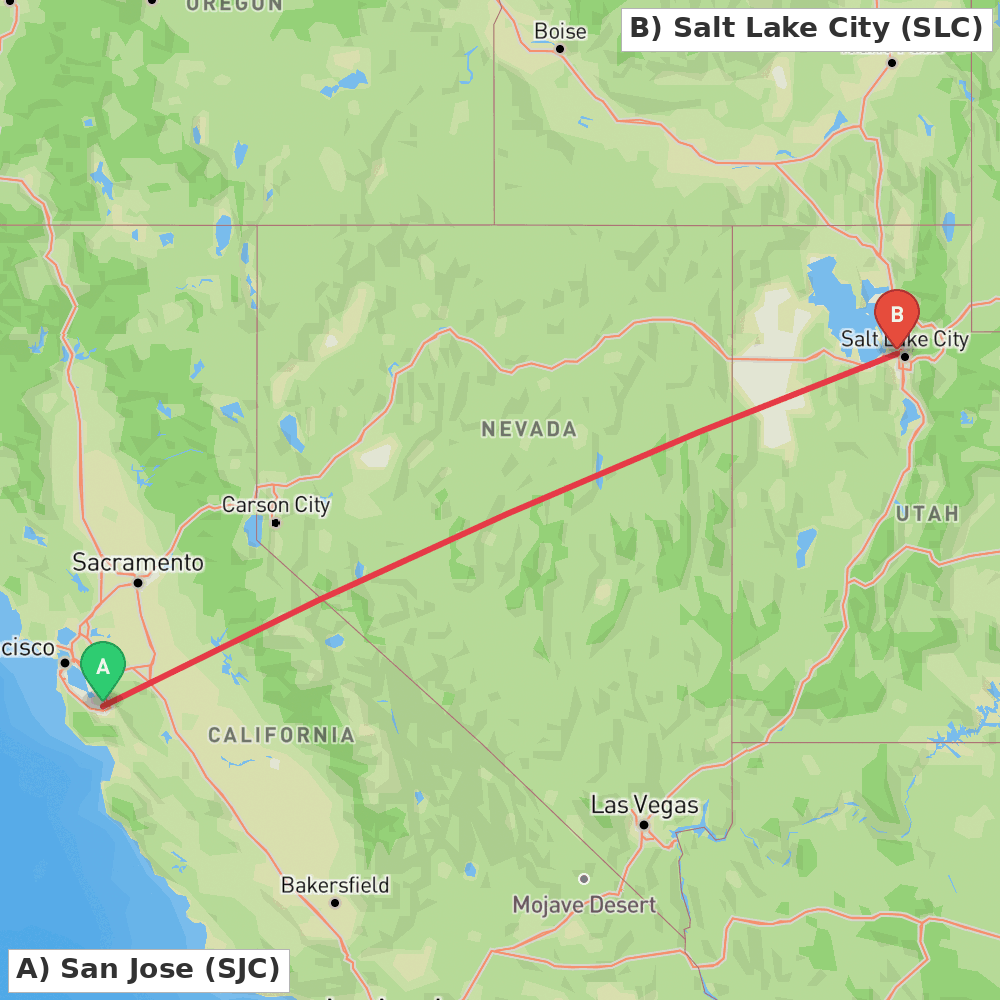 Flight route map from San Jose to Salt Lake City
