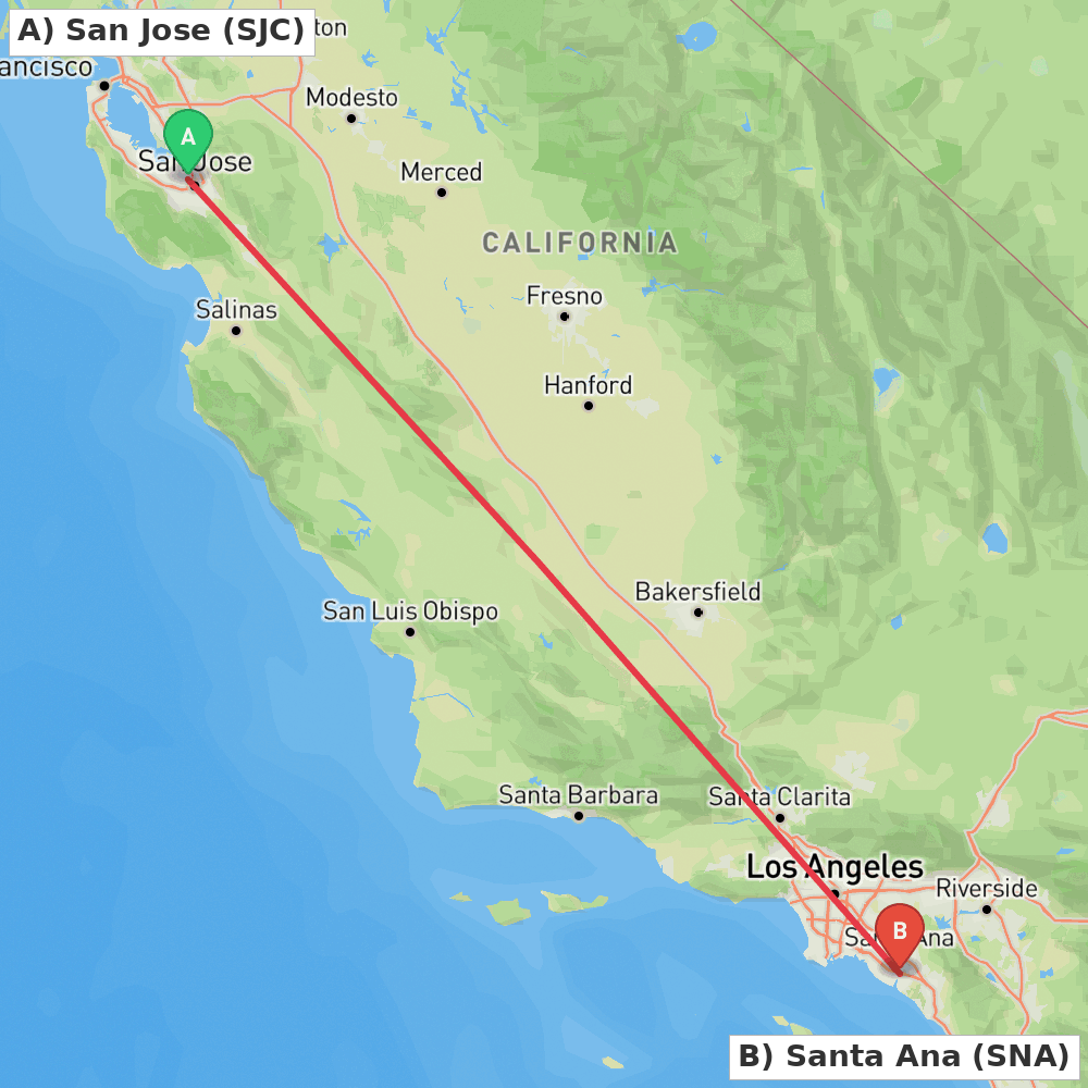 Flight route map from San Jose to Santa Ana