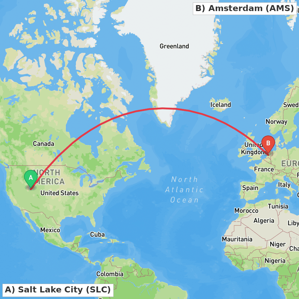 Flight route map from Salt Lake City to Amsterdam