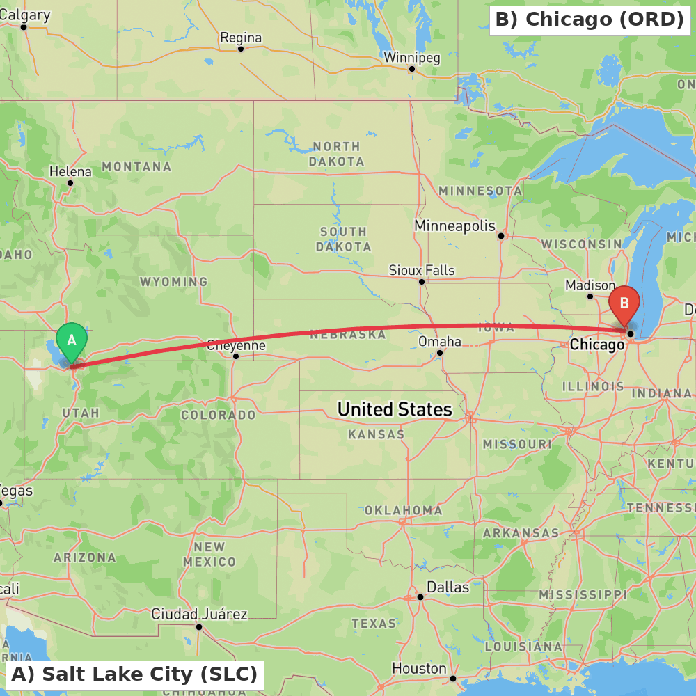 Flight route map from Salt Lake City to Chicago