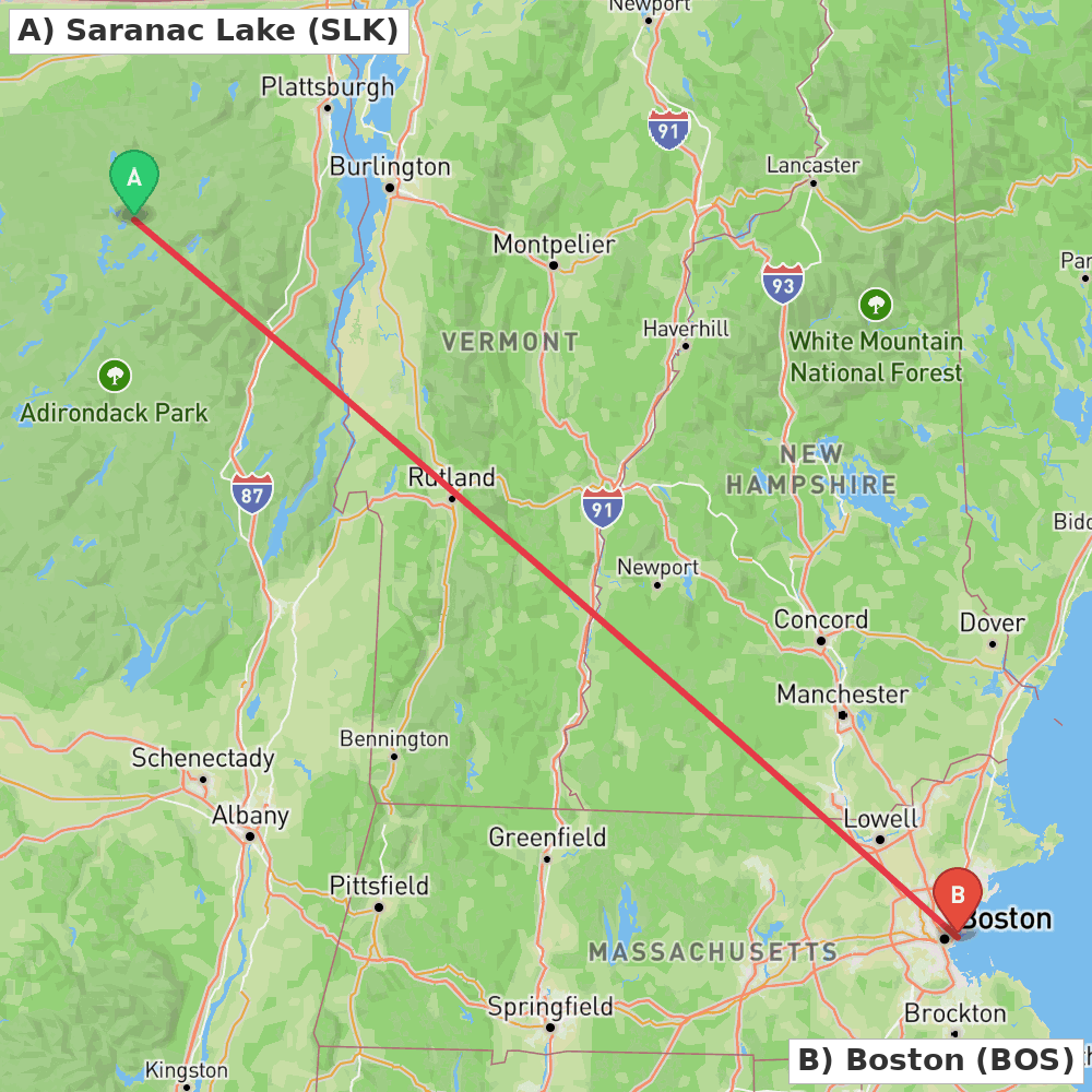 Flight route map from Saranac Lake to Boston