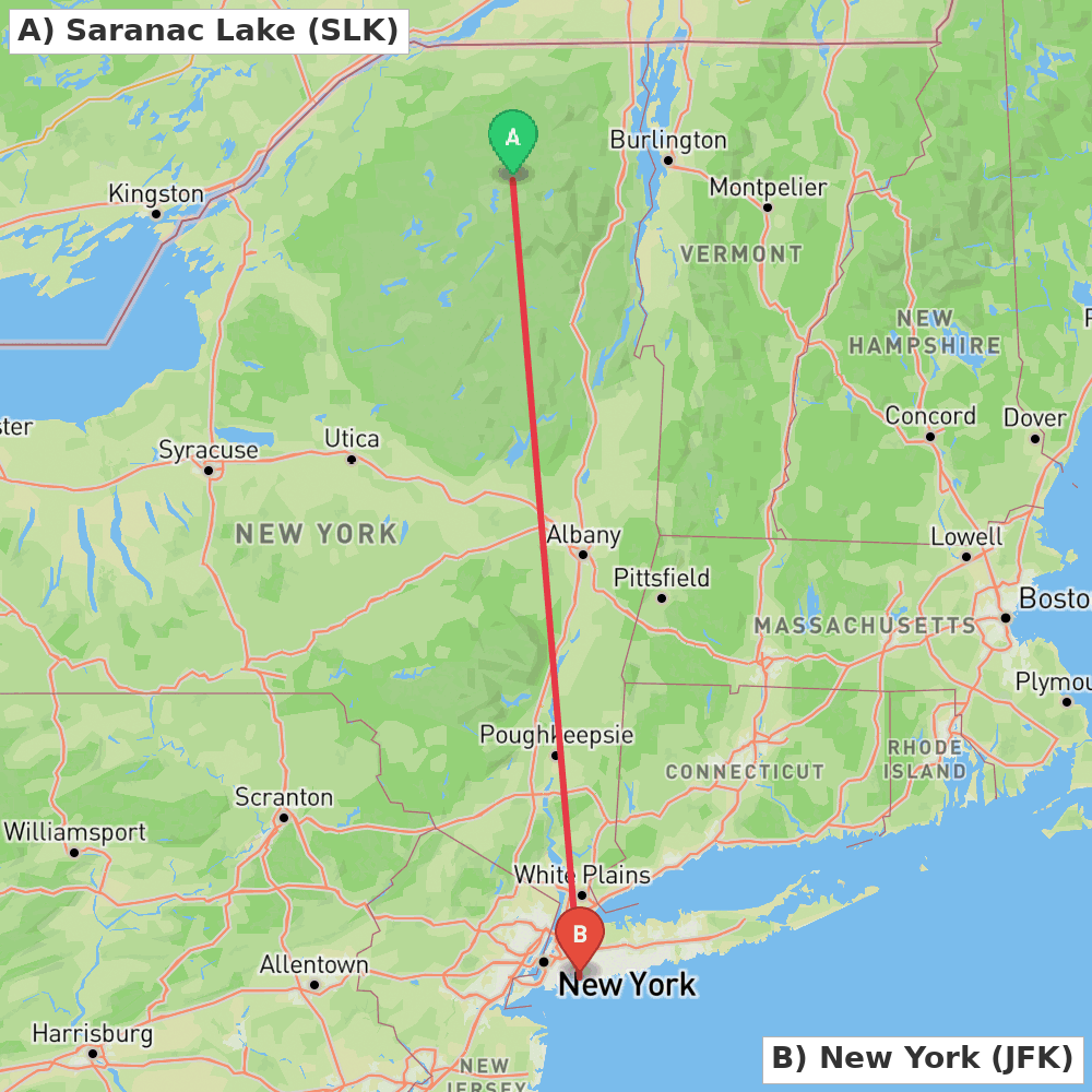 Flight route map from Saranac Lake to New York