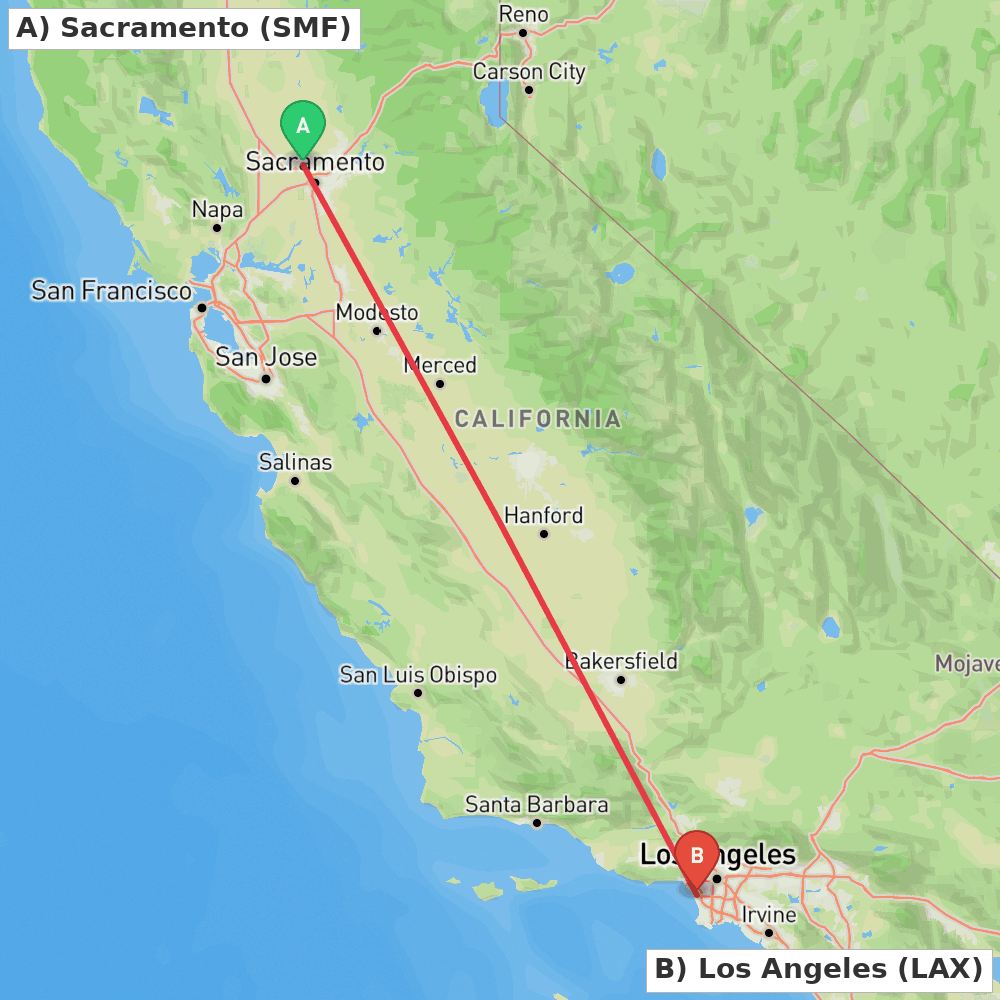 Flight route map from Sacramento to Los Angeles