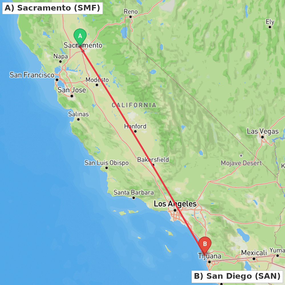 Flight route map from Sacramento to San Diego