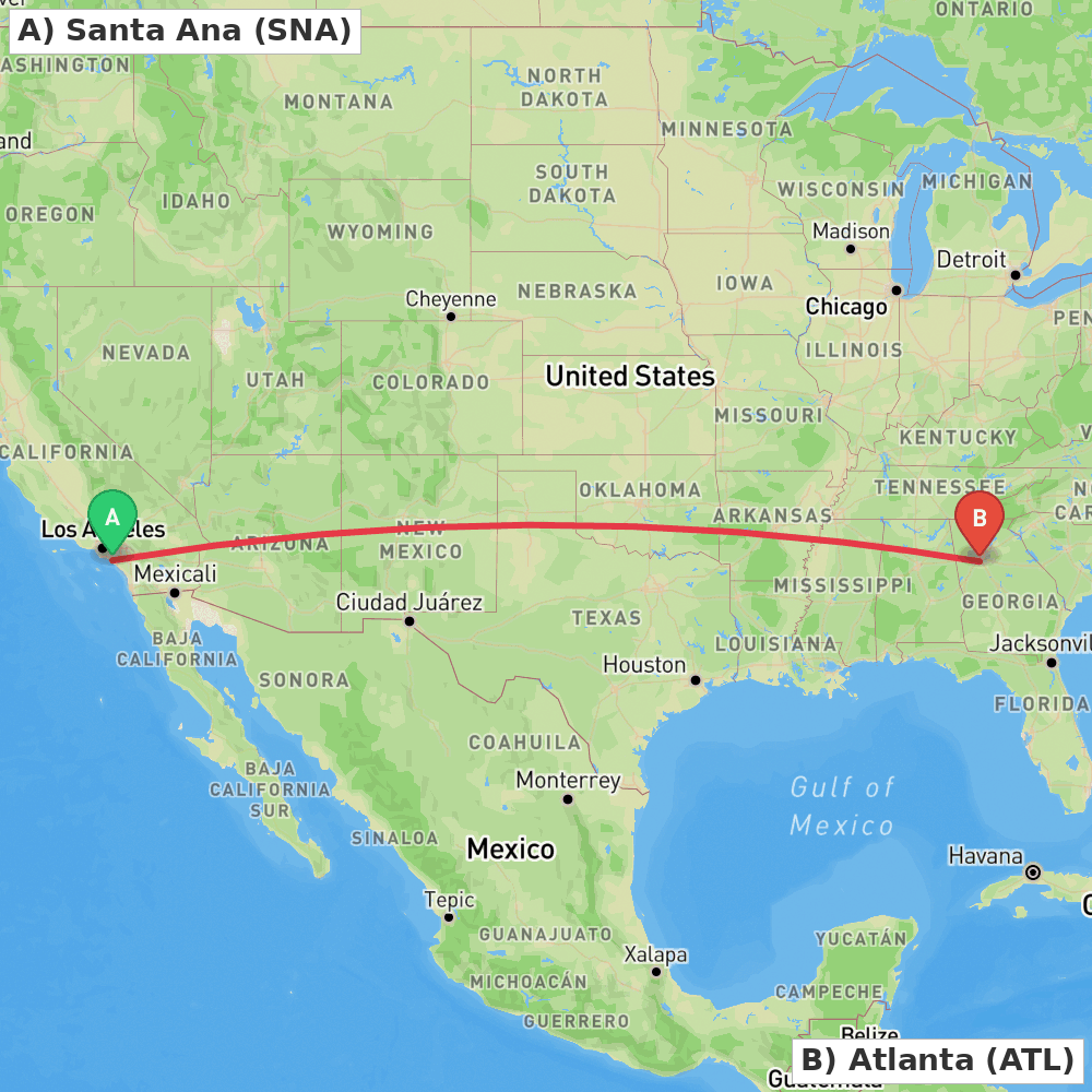 Flight route map from Santa Ana to Atlanta