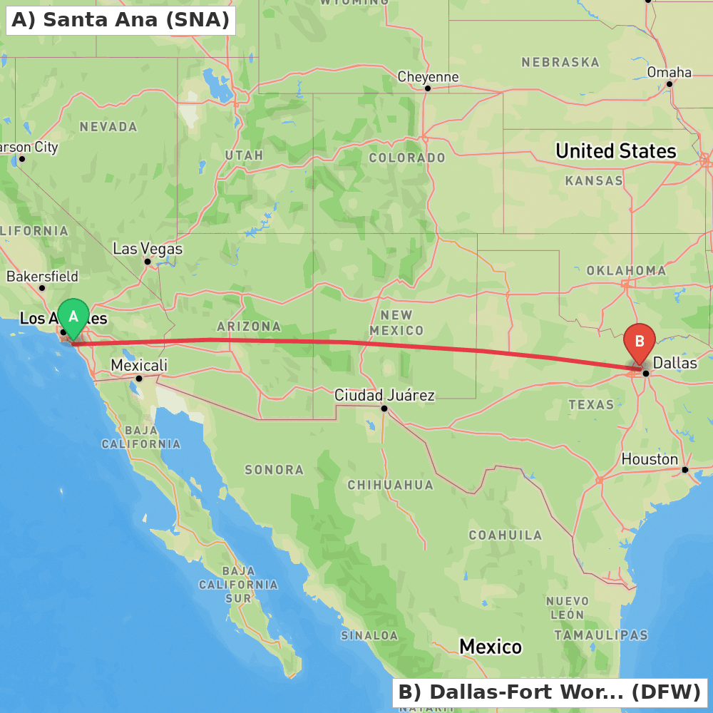 Flight route map from Santa Ana to Dallas-Fort Worth