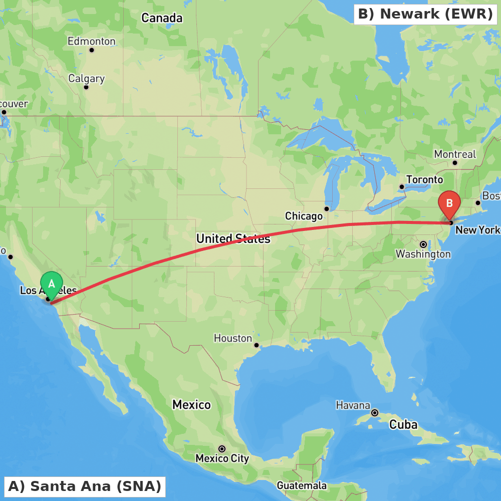 Flight route map from Santa Ana to Newark