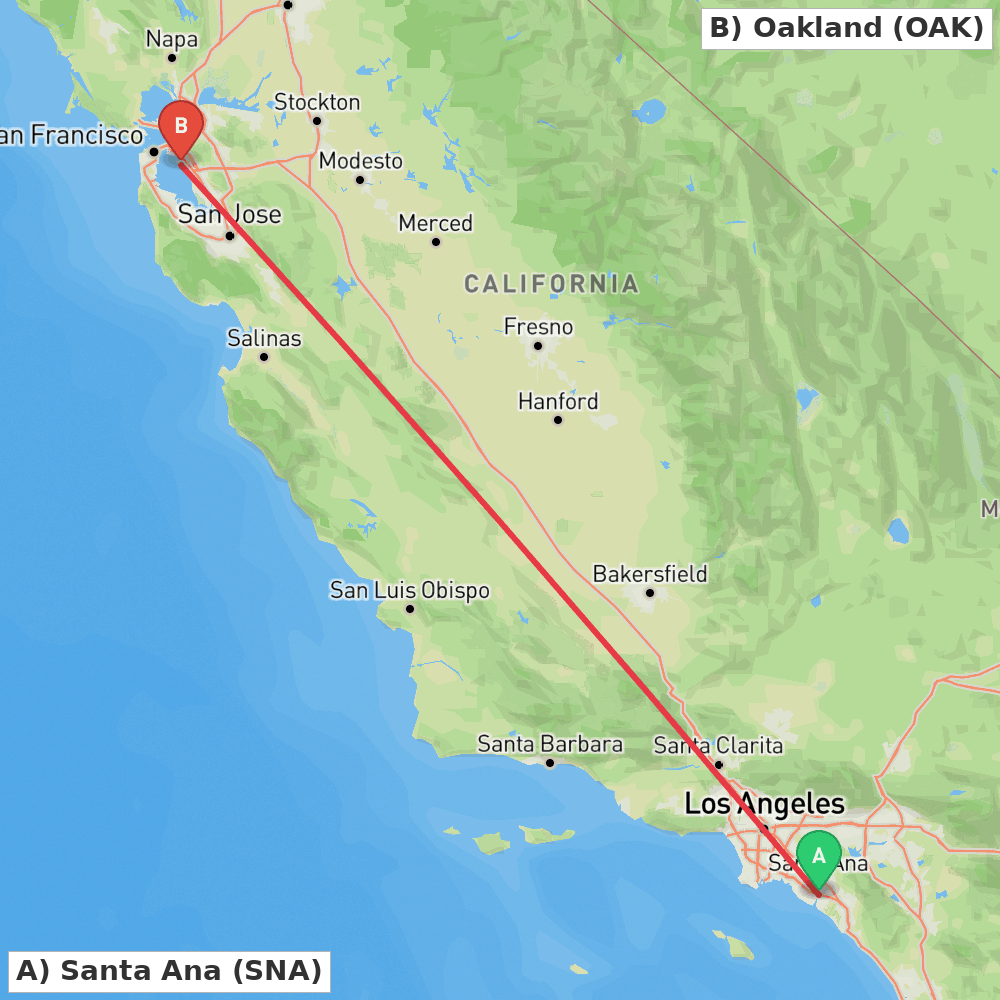 Flight route map from Santa Ana to Oakland