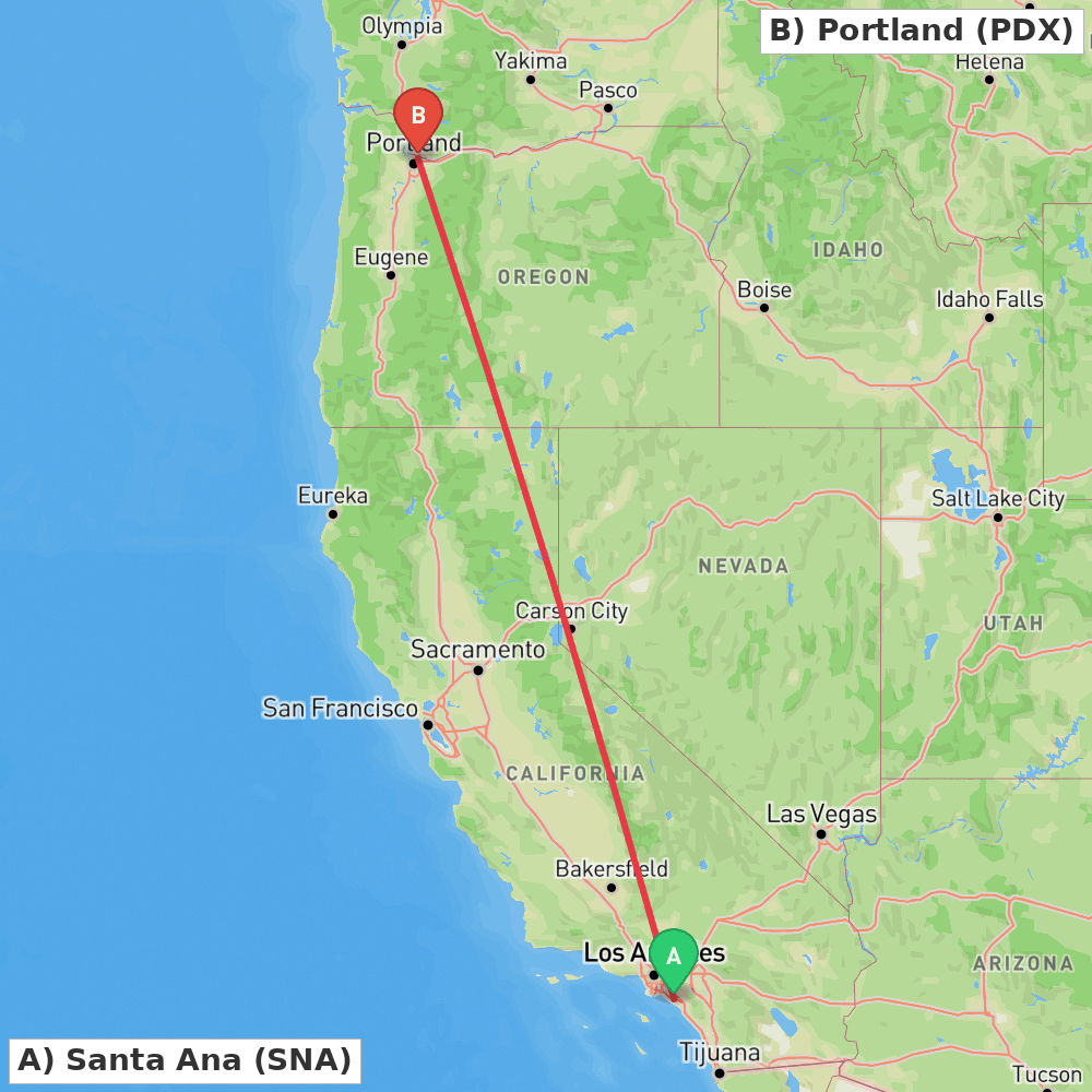 Flight route map from Santa Ana to Portland