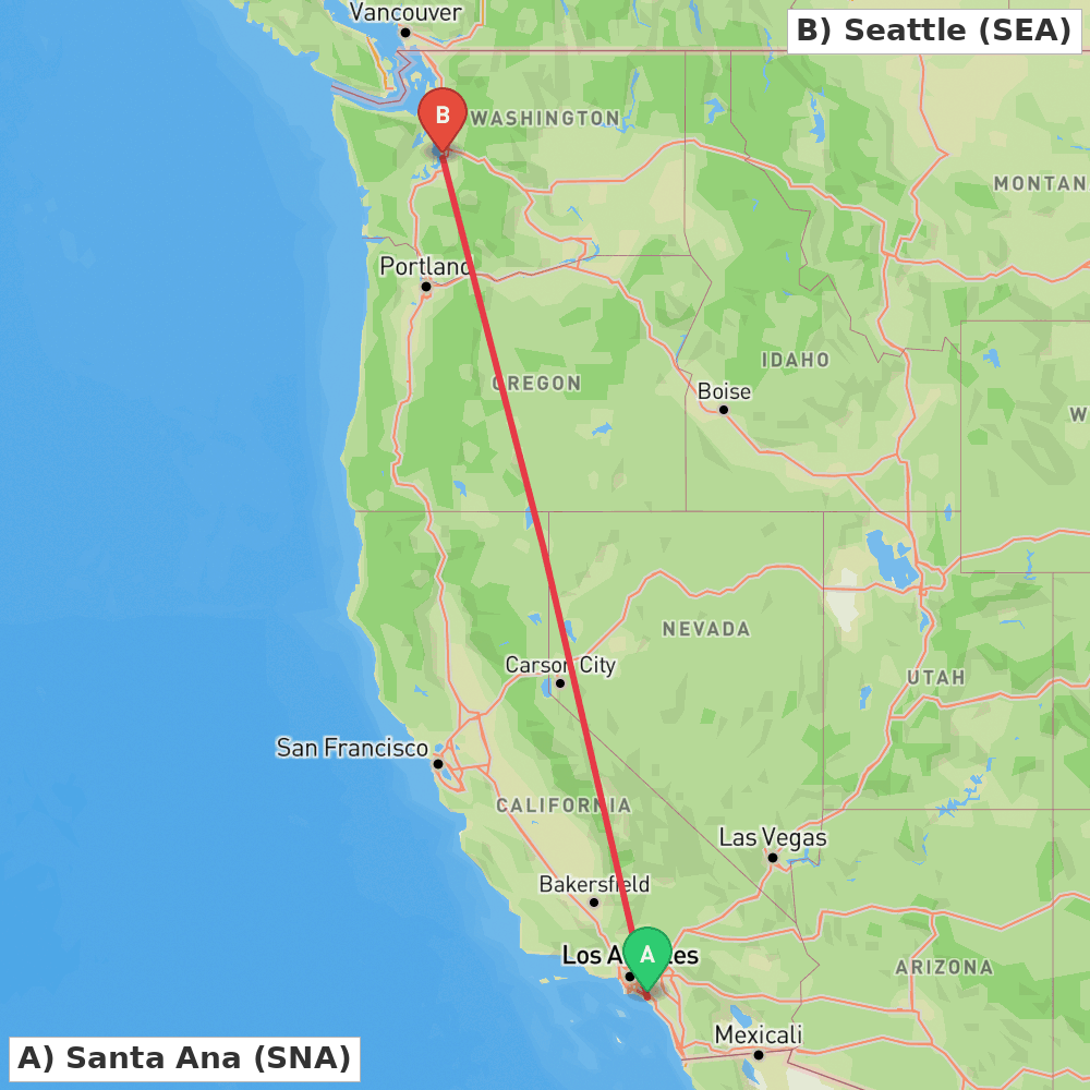 Flight route map from Santa Ana to Seattle