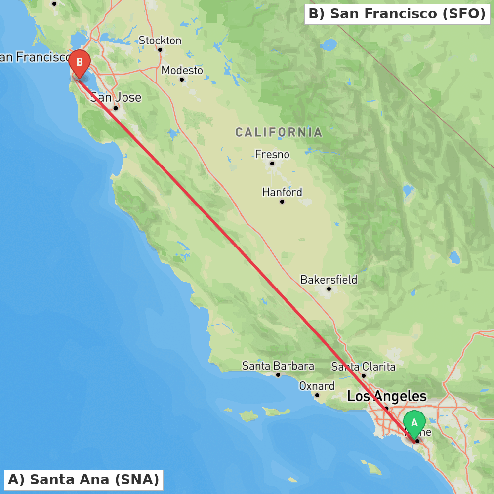 Flight route map from Santa Ana to San Francisco
