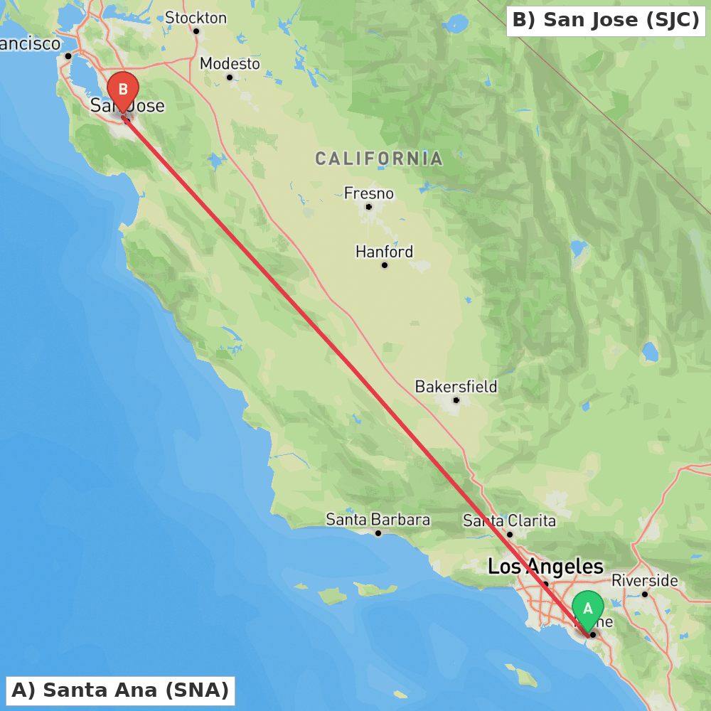 Flight route map from Santa Ana to San Jose