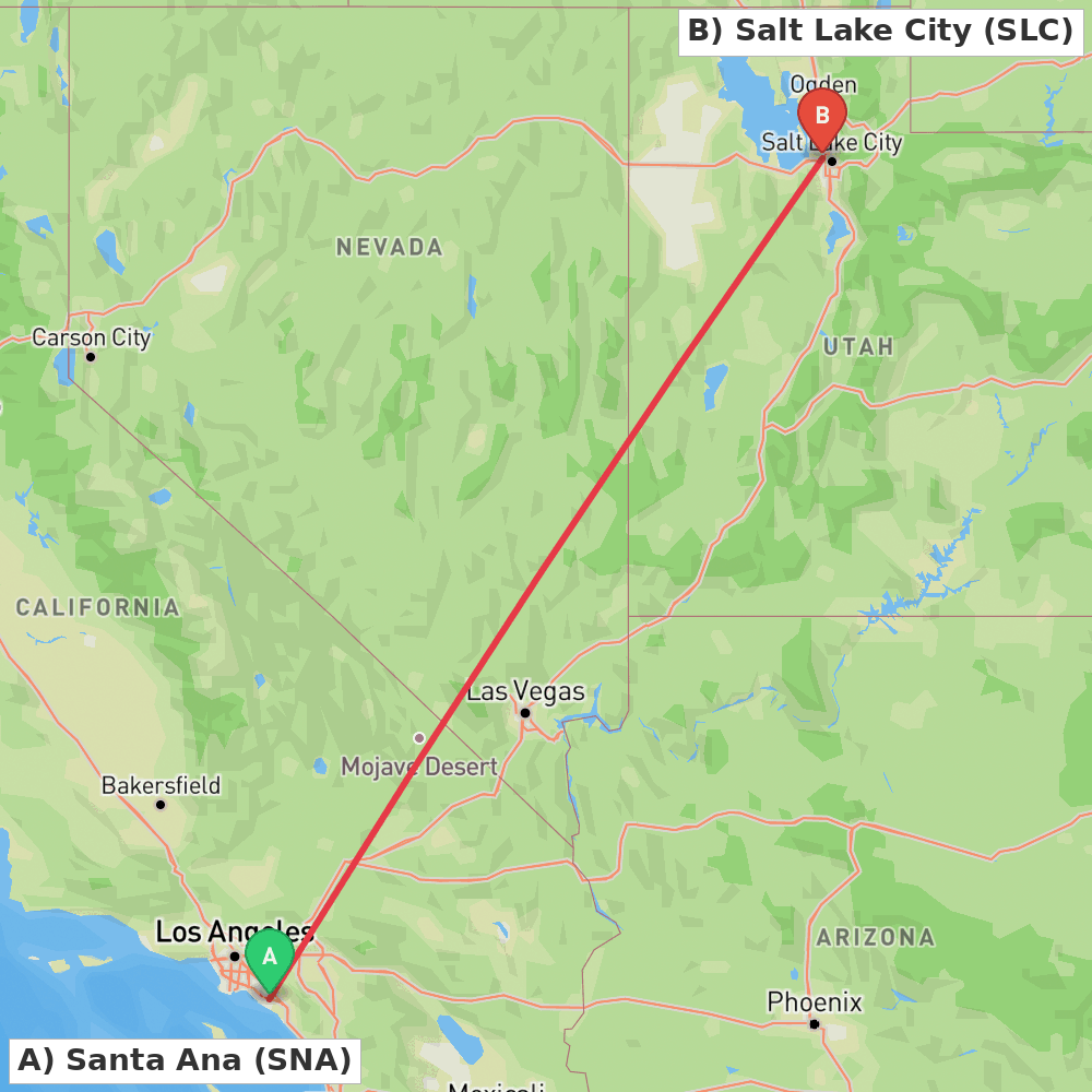 Flight route map from Santa Ana to Salt Lake City