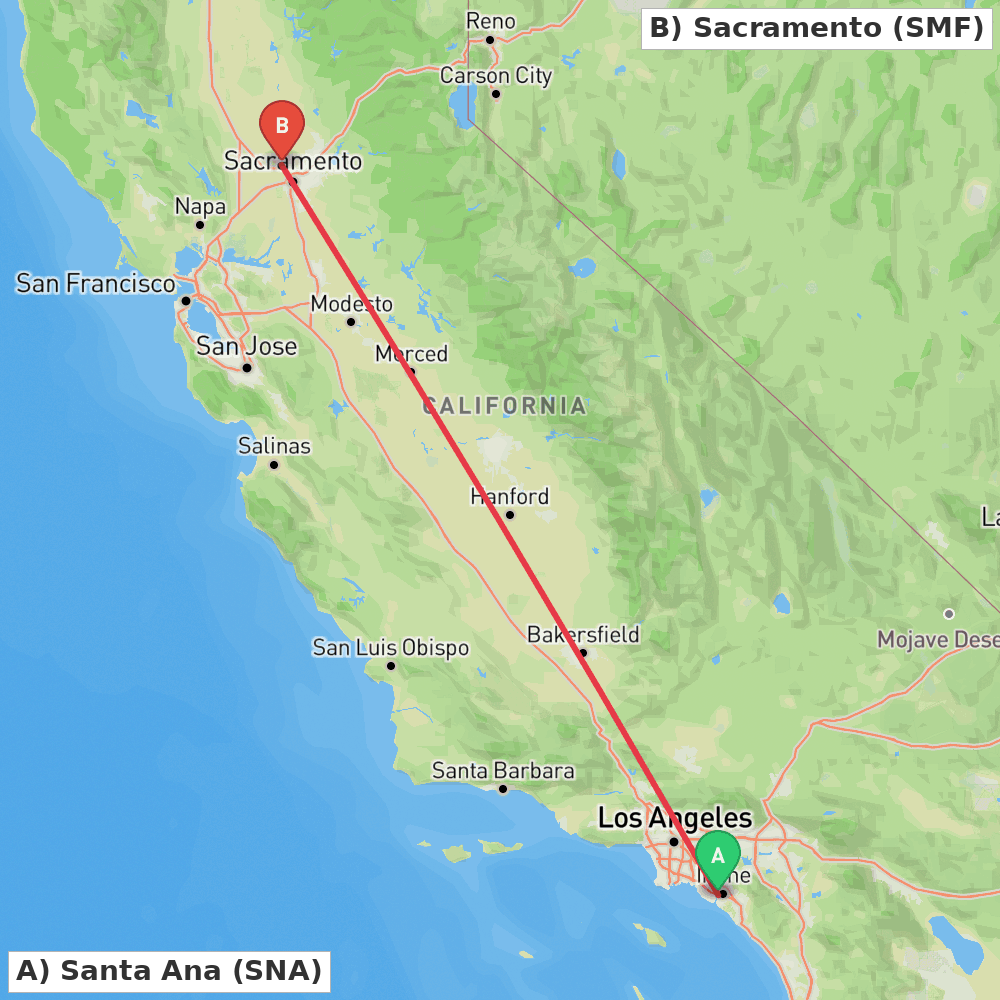 Flight route map from Santa Ana to Sacramento