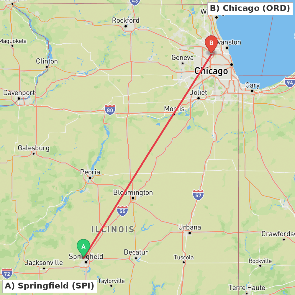 Flight route map from Springfield to Chicago
