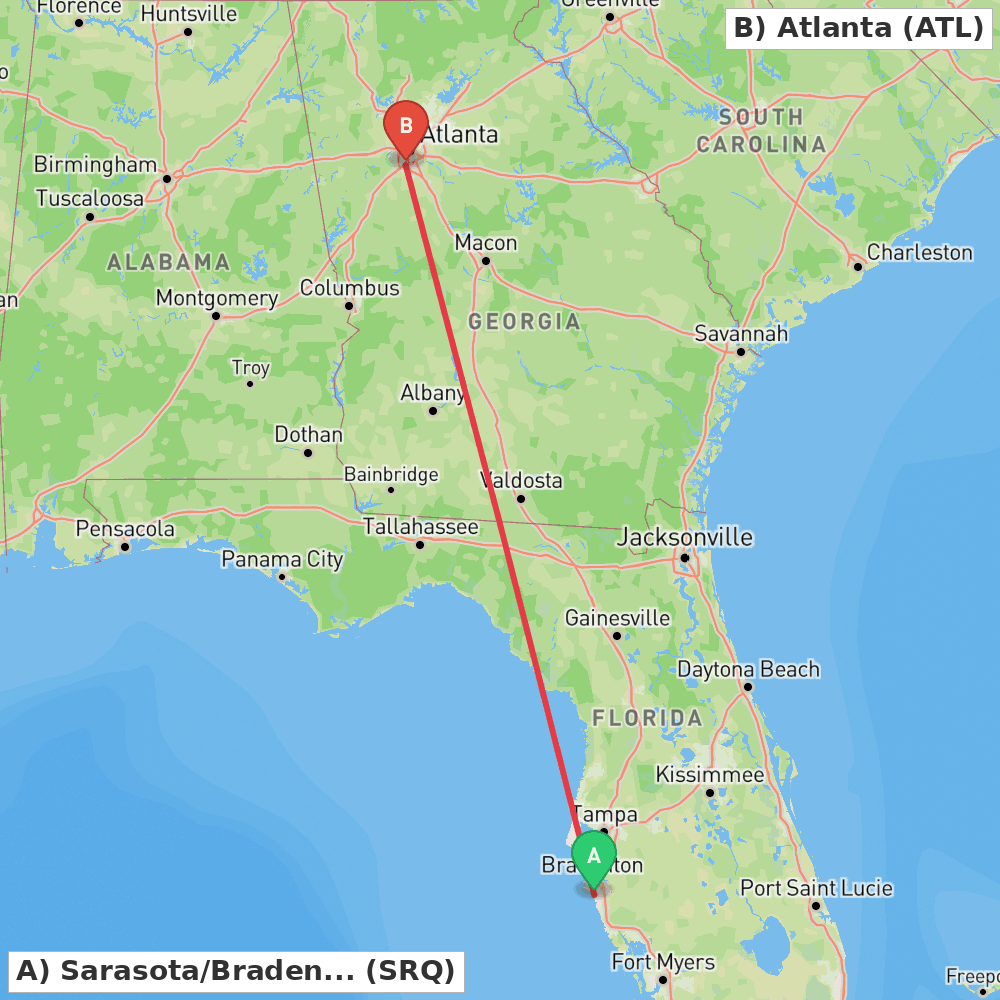 Flight route map from Sarasota/Bradenton to Atlanta