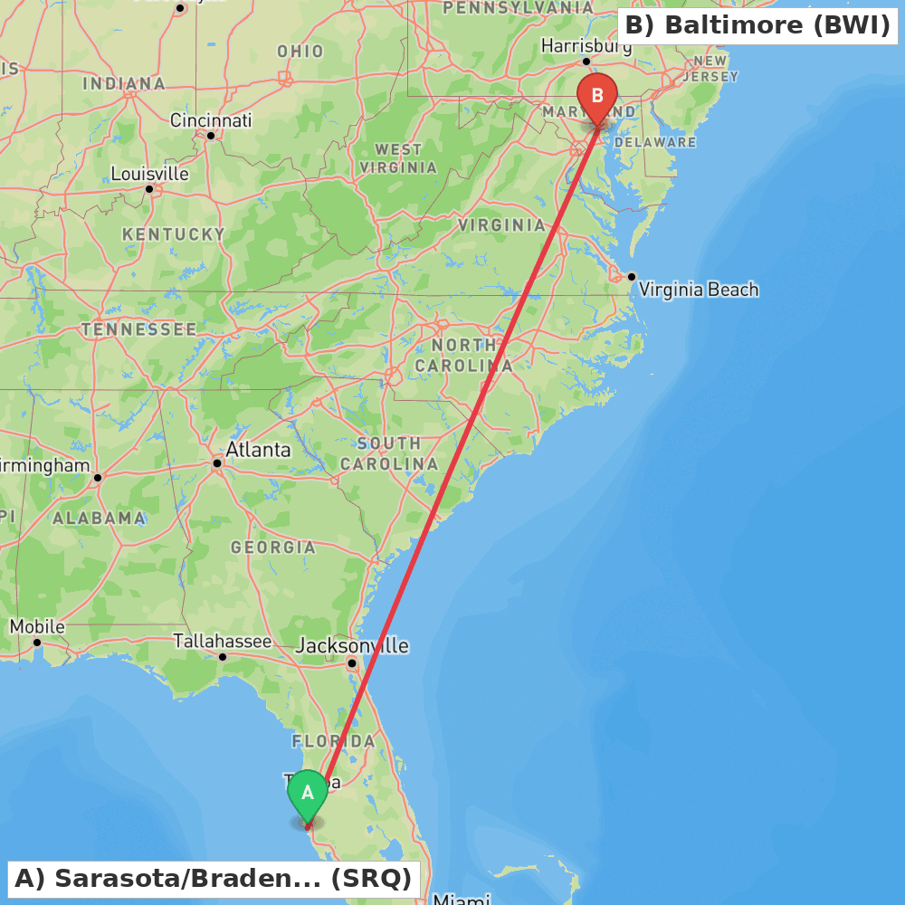 Flight route map from Sarasota/Bradenton to Baltimore