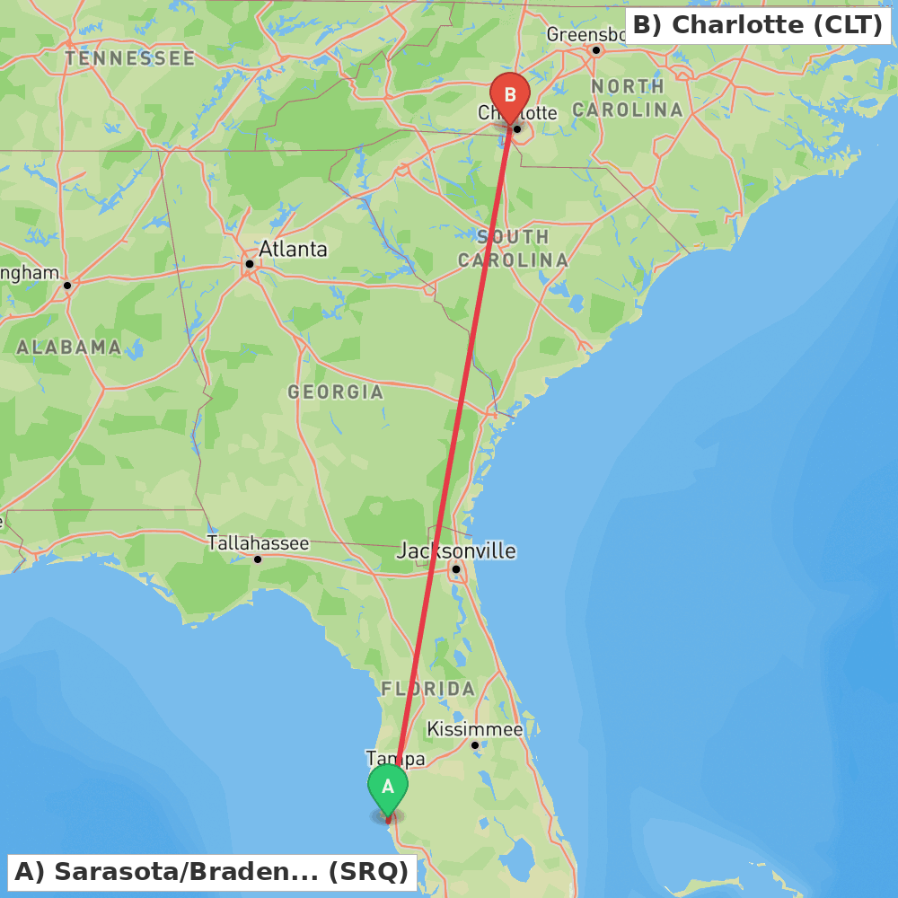 Flight route map from Sarasota/Bradenton to Charlotte