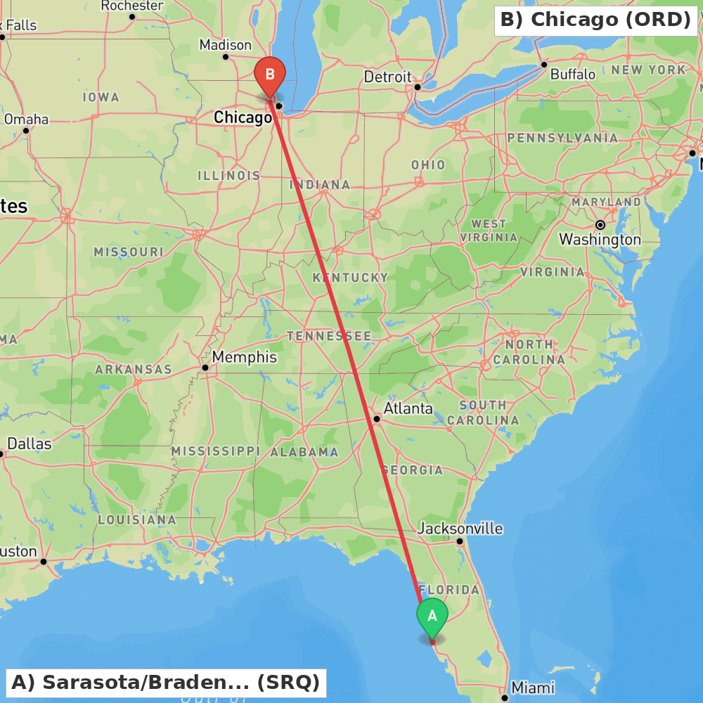 Flight route map from Sarasota/Bradenton to Chicago