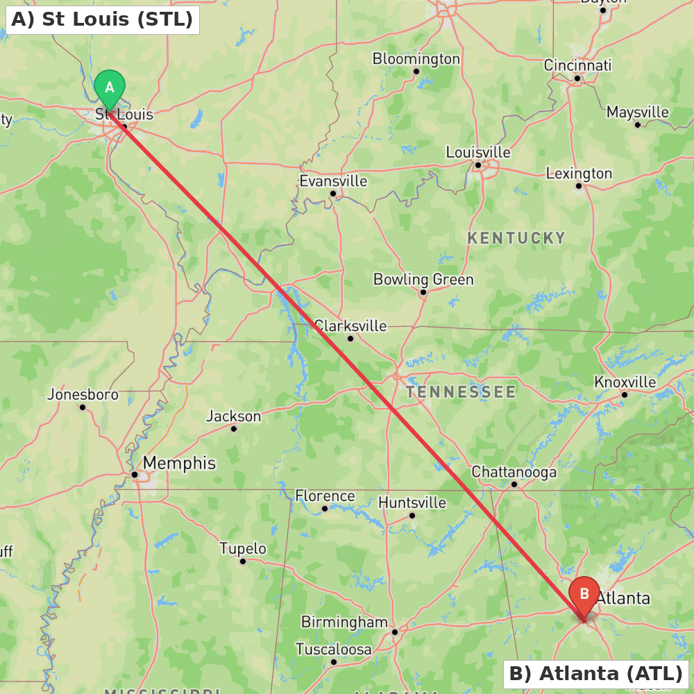 Flight route map from St Louis to Atlanta