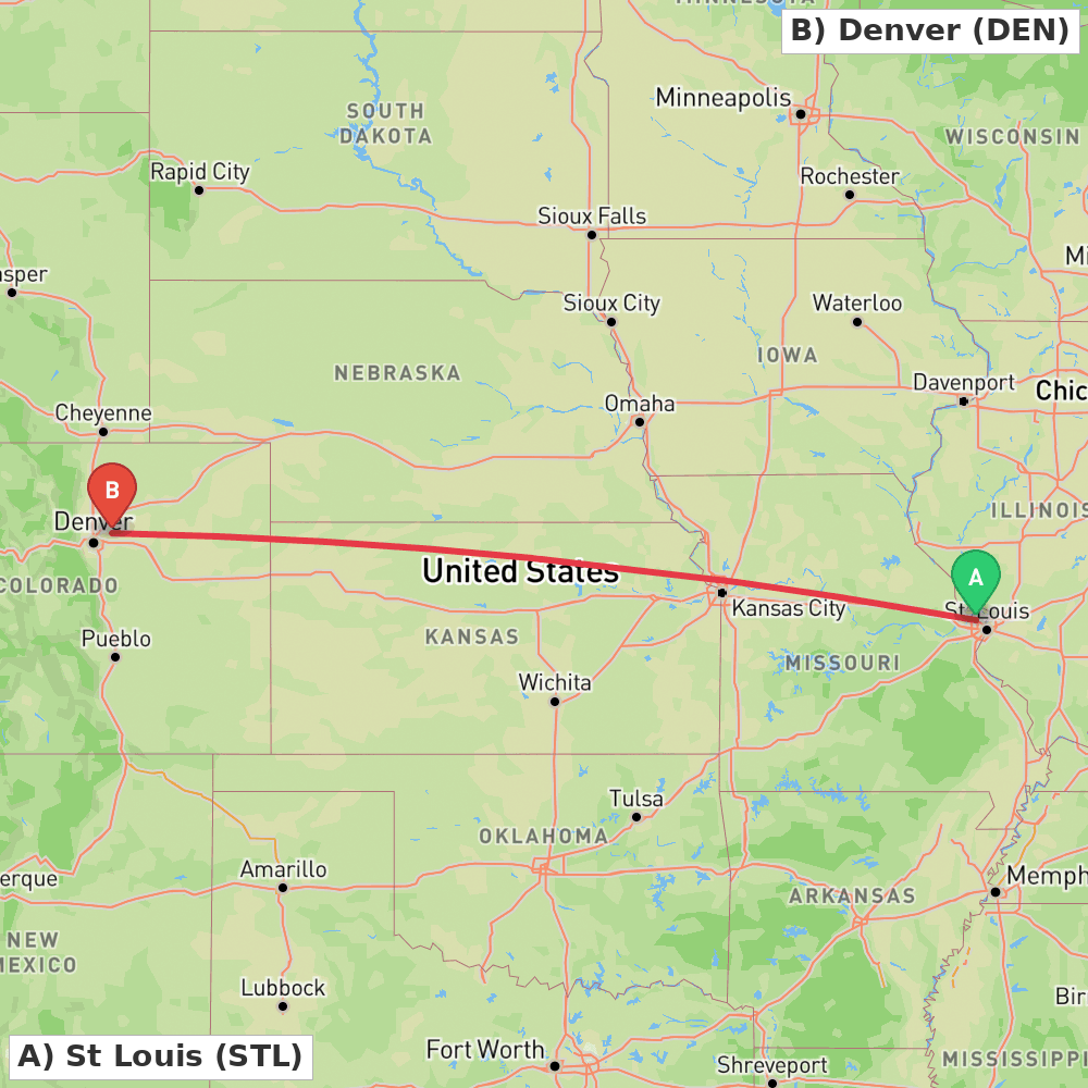 Flight route map from St Louis to Denver