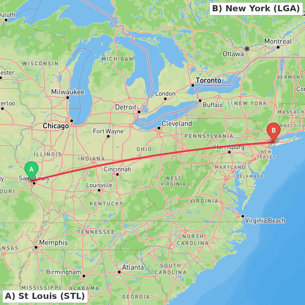 Flight route map from St Louis to New York